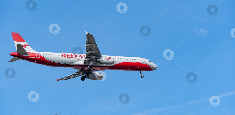 Скачать Airbus A321 авиакомпании Red Wings готовится к посадке в аэропорту Адлера на фоне голубого неба. Авиакомпания Red Wings. Крупный план. Выпускаются шасси самолета и механики крыла. фотосток Ozero