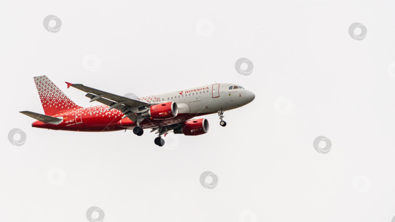 Скачать Airbus A319 авиакомпании "Россия" летит со снижением к взлетно-посадочной полосе на фоне облачного неба. Крупный план. Шасси и закрылки самолета выпущены. фотосток Ozero
