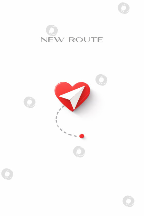 Скачать Новый маршрут, красное сердечко с бумажным самолетиком и пунктирным маршрутом на чистом белом фоне, свободное место для копирования фотосток Ozero