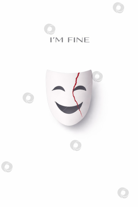 Скачать Я в порядке, улыбающаяся театральная маска с трещиной на чистом белом фоне, минимум скрытой боли, свободное место для копирования. фотосток Ozero