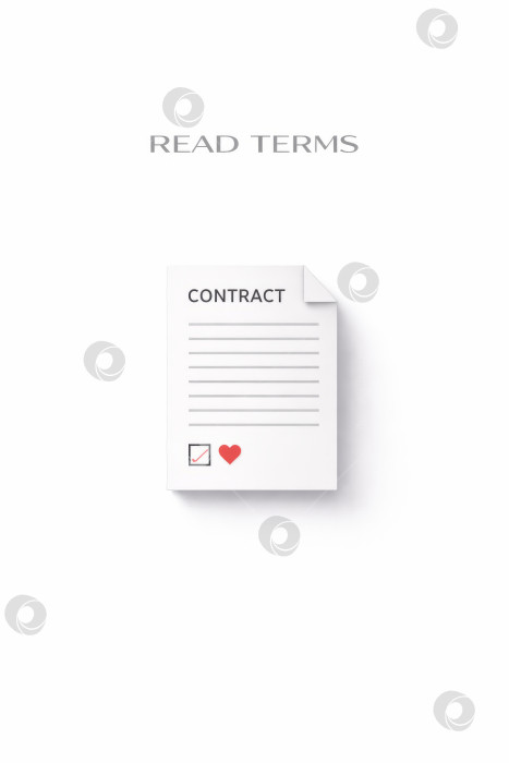 Скачать Ознакомьтесь с условиями, документ-контракт с флажком и сердечком на чистом белом фоне, минимальное согласие и концепция границ, свободное место для копирования фотосток Ozero