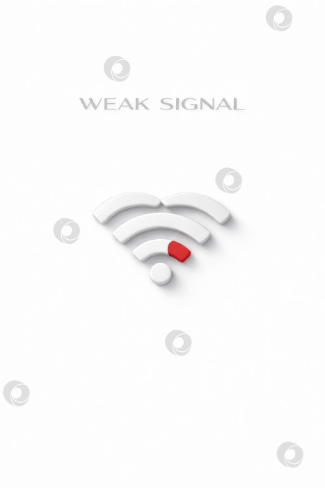 Скачать Концепция слабого сигнала со значком Wi-Fi в форме сердца и слабым красным индикатором на белом фоне, минимальный 3D-рендеринг с пространством для копирования фотосток Ozero