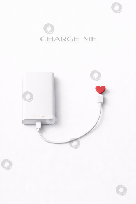 Скачать Концепция Charge me love, портативный блок питания, заряжающийся с помощью кабеля в виде красного сердечка на белом фоне, минималистичная 3D-иллюстрация с небольшим пространством для копирования. фотосток Ozero