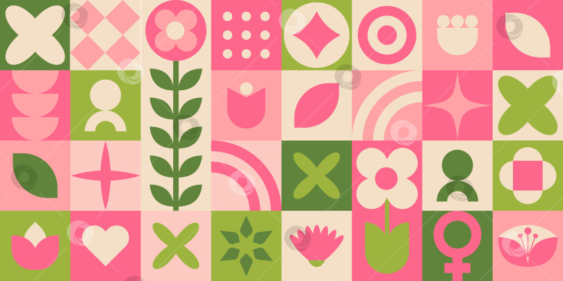 Скачать Маршевый геометрический баннер с красочными узорами и формами розового и зеленого цветов фотосток Ozero