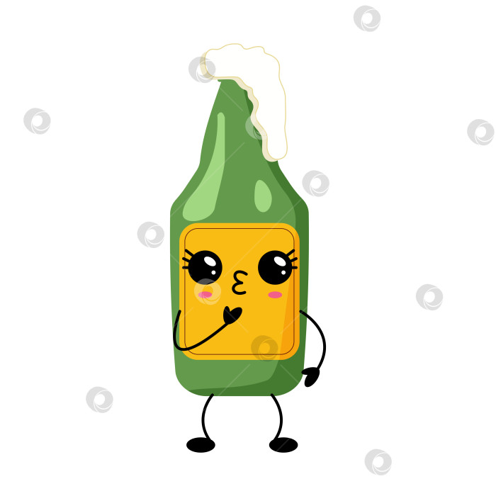 Скачать Кавайная иллюстрация зеленой пивной бутылки с милыми чертами лица и руками фотосток Ozero