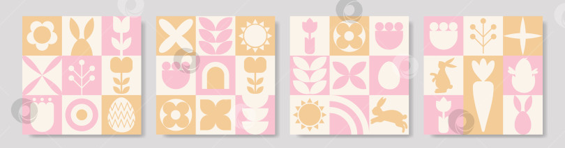 Скачать Геометрические пасхальные открытки с цветочным рисунком и рисунком кролика в пастельных тонах фотосток Ozero