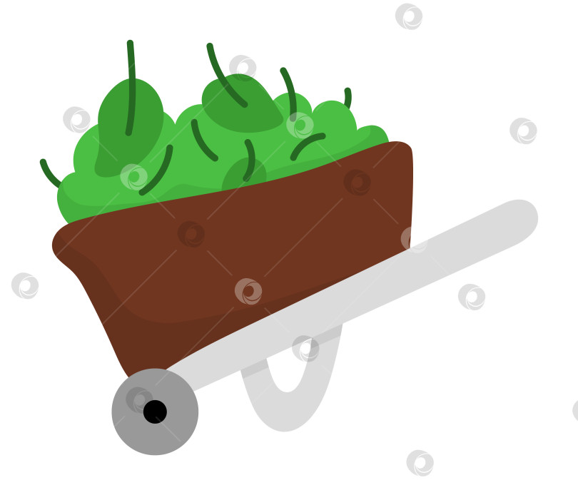 Скачать Векторная коричневая тачка с листвой и зеленью, выделенная на белом фоне. Иллюстрация плоского весеннего садового инструмента. Значок садового инвентаря фотосток Ozero