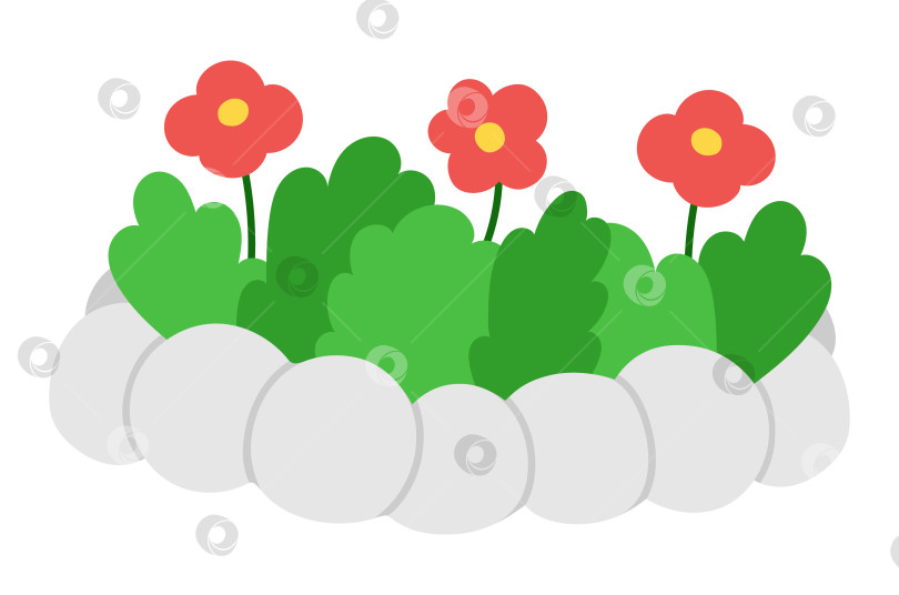 Скачать Векторная цветочная клумба. Цветущее растение в саду с каменными перилами. Клипарт с красными цветами. Молодая зелень с листьями, выделенными на белом фоне. Плоская весенняя иллюстрация. Значок садоводства фотосток Ozero