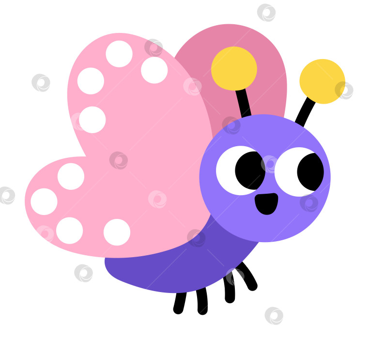 Скачать Векторная плоская розово-фиолетовая бабочка со сложенными крыльями. Очаровательный клипарт весеннего мотылька. Забавное садовое насекомое. Симпатичная иллюстрация для детей с расправленными крыльями, изолированная на белом фоне фотосток Ozero