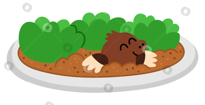 Скачать Векторная цветочная клумба. Садовое растение с перилами и улыбающимся кротом на картинке. Молодая зелень с листьями, выделенными на белом фоне. Плоская весенняя иллюстрация. Значок садоводства фотосток Ozero