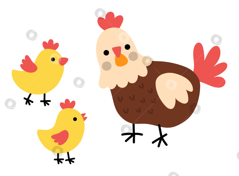 Скачать Векторная забавная курица с иконкой цыплят. Клипарт с изображением птиц на ферме, выделенный на белом фоне. Весенняя или пасхальная иллюстрация. Симпатичное домашнее животное. Изображение цыплят с их матерью фотосток Ozero
