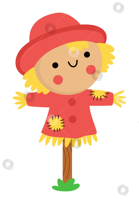 Скачать Векторное пугало, выделенное на белом фоне. Плоская иллюстрация весеннего садового пугала. Значок садового инвентаря. Симпатичное страшилище из соломы в красной одежде с нашивками фотосток Ozero