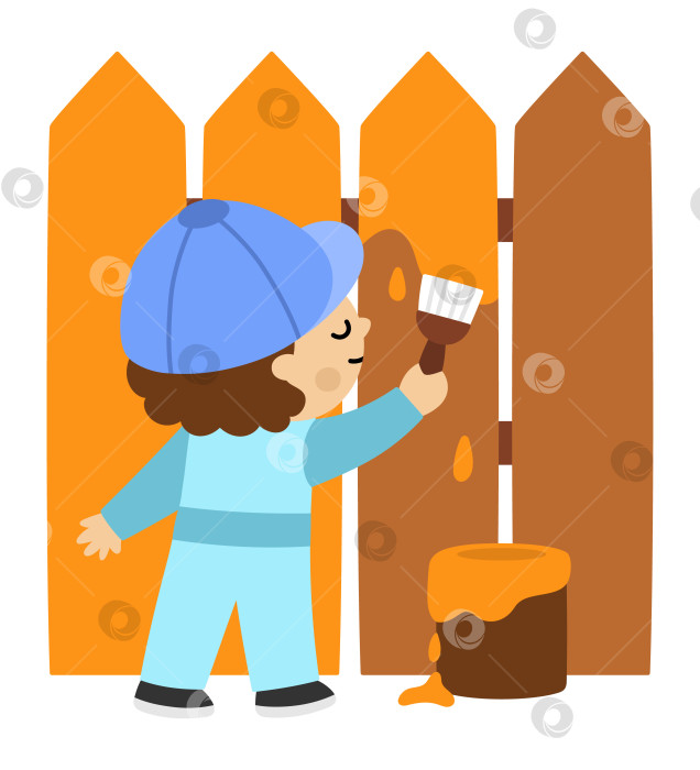 Скачать Мальчик в векторе красит деревянный забор оранжевой краской. Симпатичный детский клипарт садовника. Забавный ребенок занимается садоводством. Иллюстрации природы с участием детей. Весенний или летний значок страны фотосток Ozero