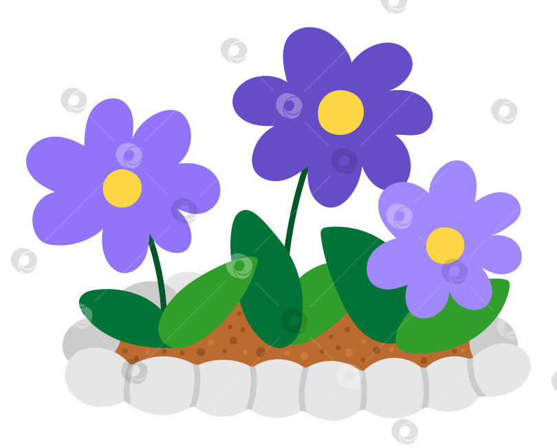 Скачать Векторная цветочная клумба. Садовое цветущее растение с перилами. Клипарт с фиолетовыми цветами. Молодая зелень с листьями, выделенными на белом фоне. Плоская весенняя иллюстрация. Значок садоводства фотосток Ozero