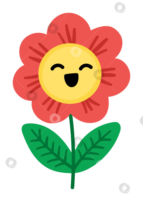 Скачать Векторная красная иконка улыбающегося цветка. Иллюстрация цветущего растения. Цветочный клипарт. Симпатичное летнее, садовое или пасхальное деревенское цветение, выделенное на белом фоне фотосток Ozero
