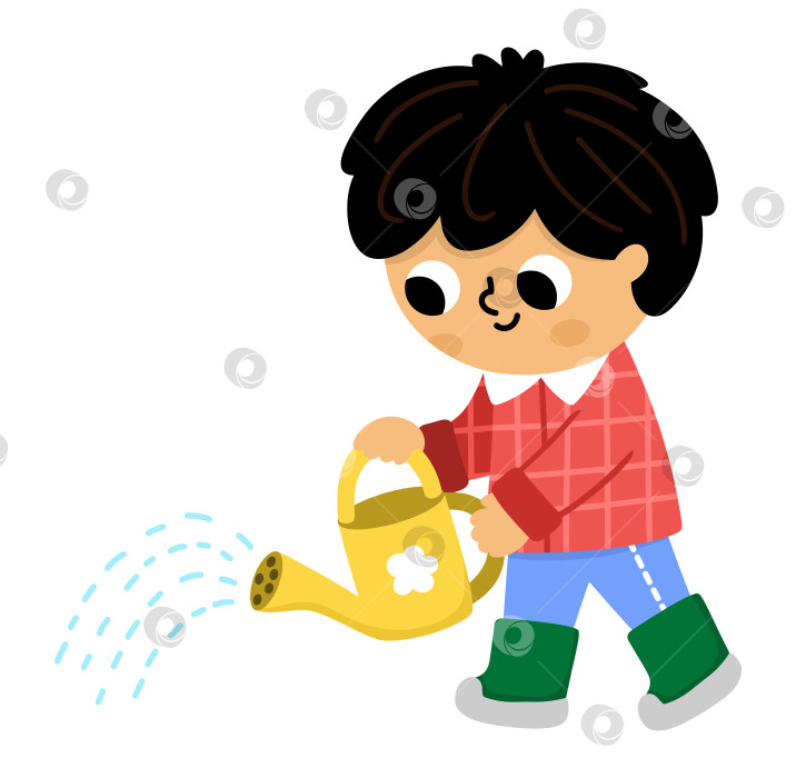 Скачать Векторный мальчик, поливающий растения лейкой. Симпатичный детский рисунок садовника. Забавный ребенок, выполняющий садовые работы с горшком для воды. Иллюстрации природы с участием детей. Весенний или летний значок страны фотосток Ozero