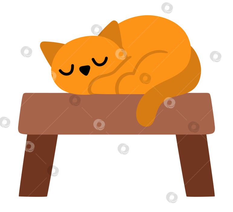 Скачать Векторная красная кошка, спящая на скамейке. Клипарт с изображением домашних животных для детей. Оранжевый спящий котенок, выделенный на белом фоне. Значок домашнего котенка фотосток Ozero
