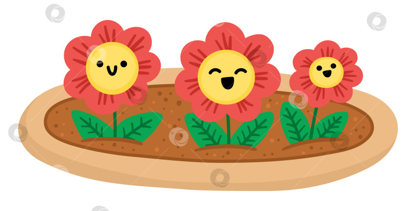 Скачать Векторная цветочная клумба. Цветущее и улыбающееся растение в саду с перилами. Клипарт с красными цветами. Молодая зелень с листьями, выделенными на белом фоне. Плоская весенняя иллюстрация. Значок садоводства фотосток Ozero