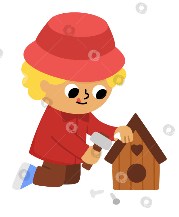 Скачать Векторный мальчик строит деревянный скворечник с помощью молотка и гвоздей. Симпатичный детский рисунок садовника. Забавный ребенок работает в саду. Иллюстрации природы с участием детей. Весенний или летний значок страны фотосток Ozero