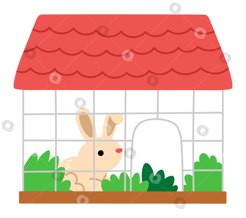 Скачать Векторная клетка с милым домашним кроликом и зеленью. Картинки с животными на ферме для детей. Кролик в вольере, изолированный на белом фоне. Значок домашнего животного или зайца фотосток Ozero