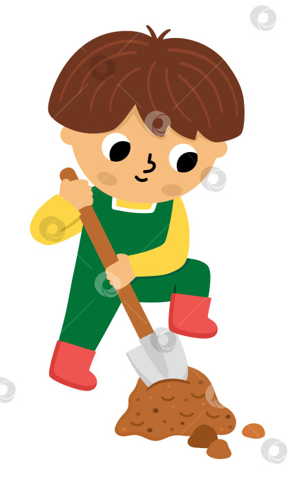 Скачать Векторный мальчик, копающий землю лопатой. Симпатичный детский рисунок садовника. Забавный ребенок занимается садоводством, сажает дерево. Иллюстрации природы с участием детей. Весенний или летний значок страны фотосток Ozero