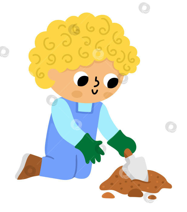 Скачать Векторный мальчик, копающий землю маленькой лопаткой. Симпатичный детский рисунок садовника. Забавный ребенок занимается садоводством, сажает семена. Иллюстрации природы с участием детей. Весенний или летний деревенский значок фотосток Ozero