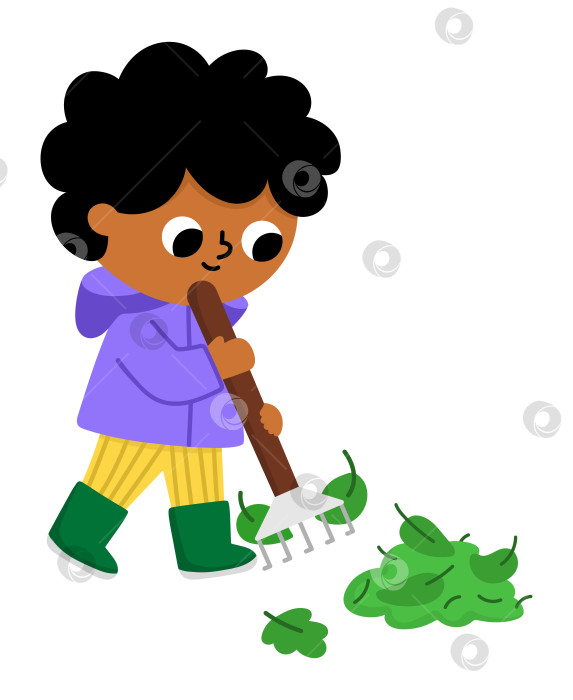 Скачать Векторный мальчик, убирающий сад граблями. Симпатичный детский клипарт садовника. Забавный ребенок, выполняющий садовые работы, сгребающий листья. Иллюстрации природы с участием детей. Весенний или летний значок страны фотосток Ozero
