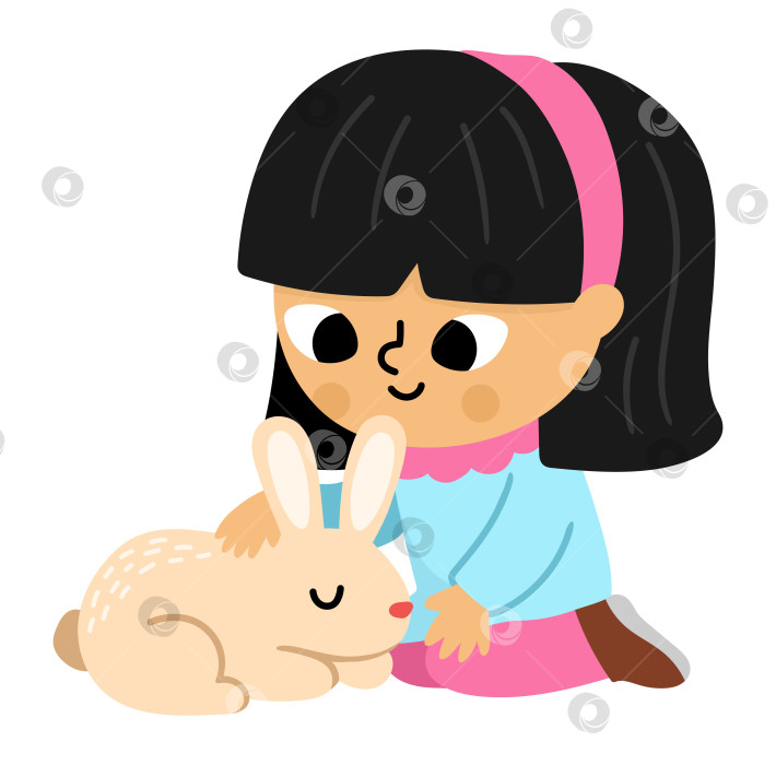 Скачать Векторная девушка гладит кролика. Симпатичный детский рисунок садовника. Забавный ребенок с домашним животным. Иллюстрации природы с участием детей. Весенний или летний значок страны фотосток Ozero