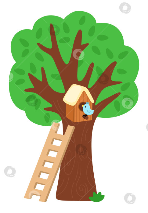Скачать Векторное зеленое дерево со скворечником и лестницей на белом фоне. Садовое или лесное растение с листьями. Иллюстрация весенней равнины, пасхальной деревни или фермы. Изображение естественной зелени фотосток Ozero