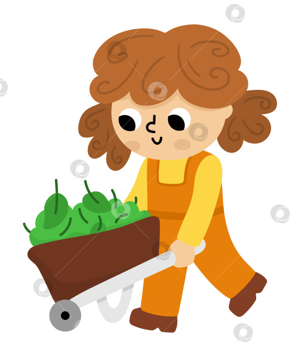 Скачать Векторная девушка, толкающая тачку с листвой. Симпатичный детский клипарт садовника. Забавный ребенок с тачкой, выполняющий садовые работы. Иллюстрации природы с участием детей. Весенний или летний значок страны фотосток Ozero