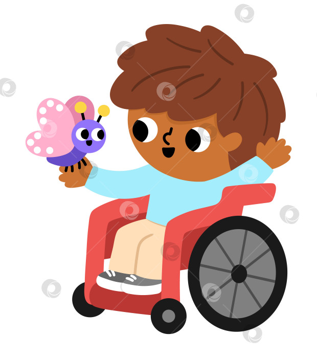 Скачать Векторный мальчик на инвалидной коляске с бабочкой на руке. Милый, жизнерадостный, улыбающийся ребенок-инвалид. Забавный детский клипарт. Иллюстрации с детьми-инвалидами. Весенний или летний значок страны фотосток Ozero