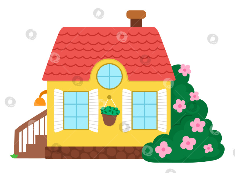 Скачать Векторный желтый загородный дом с верандой, цветущими кустами и красной крышей, выделенный на белом фоне. Иллюстрация деревянного коттеджа на ферме или в деревне. Милый сельский сад, дом с красной крышей фотосток Ozero