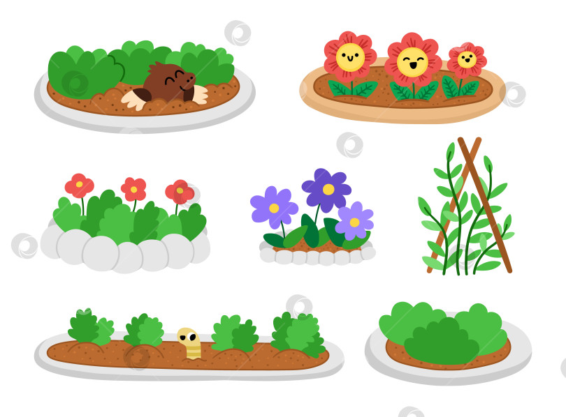 Скачать Набор векторных иконок цветочных клумб. Коллекция цветущих растений в саду с каменными перилами. Набор клипартов с милыми парковыми цветами. Молодая зелень с листьями, выделенными на белом фоне. Плоская весенняя иллюстрация фотосток Ozero