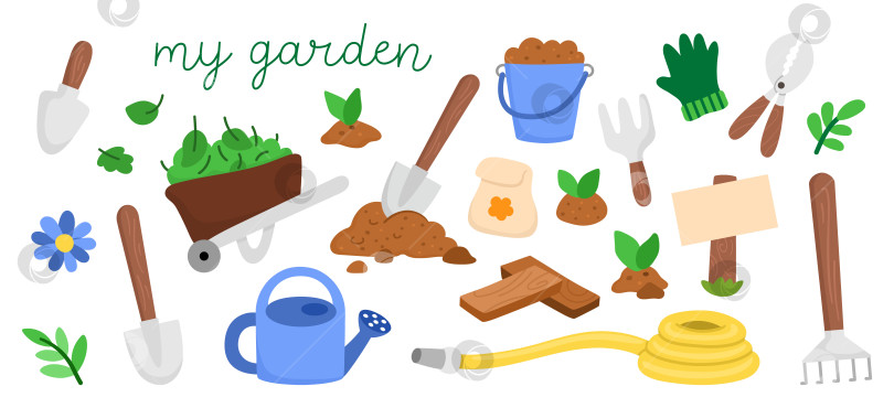 Скачать Векторный набор цветных садовых инструментов, оборудования и молодых растений. Коллекция садовых принадлежностей. Плоская весенняя иллюстрация лопаты, граблей, перчаток, секаторов, выделенных на белом фоне фотосток Ozero
