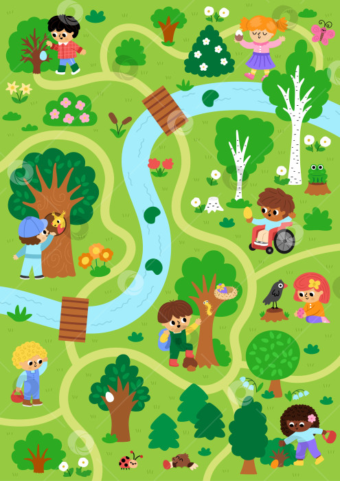 Скачать Векторный фон для охоты за пасхальными яйцами. Симпатичная ландшафтная карта с детьми, деревьями, кустами, насекомыми, цветными яйцами, корзиной, природным элементом. Лесная сцена с тропинкой, дорогой, дети ищут яйца в лесу фотосток Ozero
