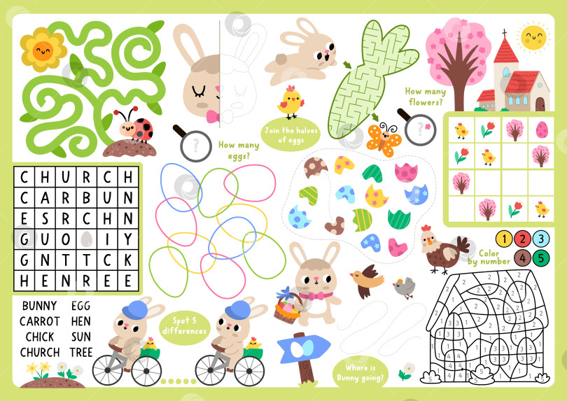 Скачать Векторная пасхальная деревенская салфетка. Коврик для весенних праздников с лабиринтом, кроссвордом, подбором теней, поиском отличий. Симпатичный игровой коврик, меню, таблица для детского журнала с кроликом. фотосток Ozero
