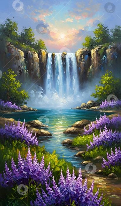 Скачать Красивый пейзаж с водопадом и фиолетовыми цветами. Масляная живопись, арт. фотосток Ozero