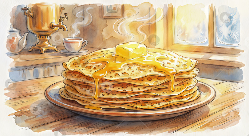 Скачать Масленичная акварельная иллюстрация: стопка блинов с маслом и самовар. фотосток Ozero