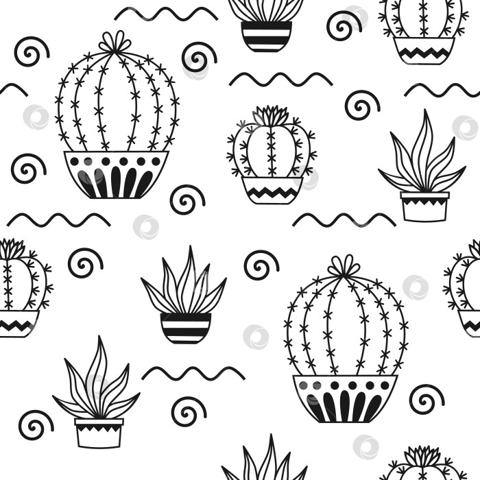 Скачать Бесшовный узор с векторными контурными иллюстрациями кактусов в горшках для дизайна упаковки, текстиля, фона, дизайнерских открыток и плакатов фотосток Ozero