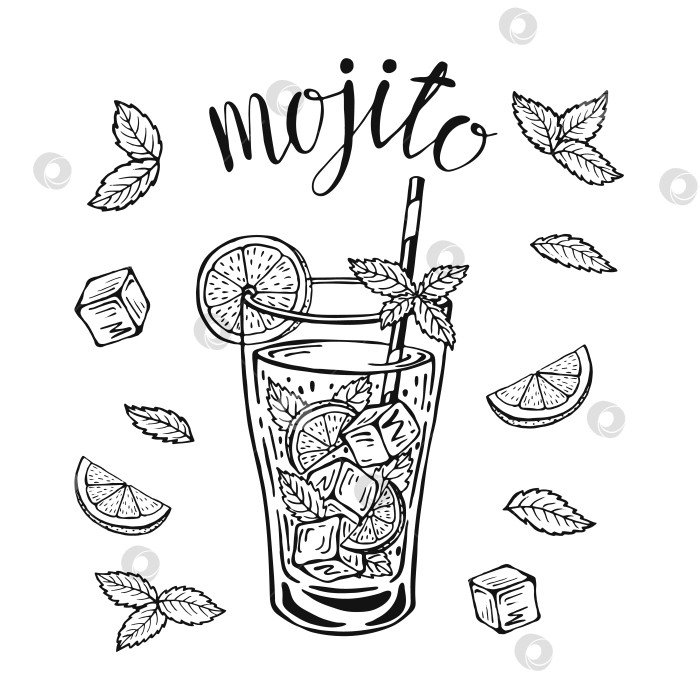 Скачать Векторная иллюстрация классического коктейля мохито, нарисованная от руки. Стакан для лимонада со льдом, долькой лайма, соломинкой и листьями мяты, для коктейльных открыток. Надпись "Мохито домашнего приготовления", изолированная иллюстрация фотосток Ozero