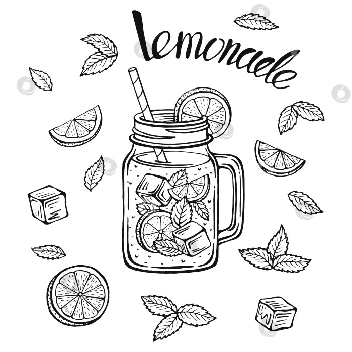 Скачать Кружка для лимонада со льдом, ломтиком лимона, соломинкой и листьями мяты, эскиз лимонада в стакане, ручная прорисовка стакана для лимонада, надпись "домашний лимонад", отдельные векторные иллюстрации. фотосток Ozero