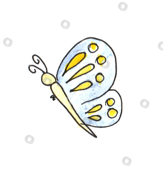 Скачать Весенние наброски, нарисованные от руки простыми детскими каракулями акварелью "голубая бабочка". фотосток Ozero