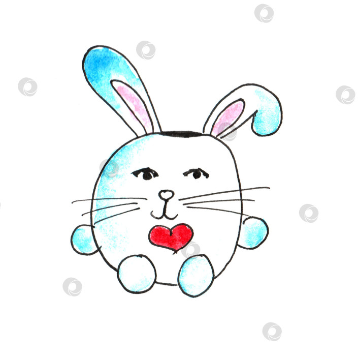 Скачать Мультяшный линейный забавный кролик с каракулями, кролик, выделенный на белом фоне. Акварельная иллюстрация фотосток Ozero