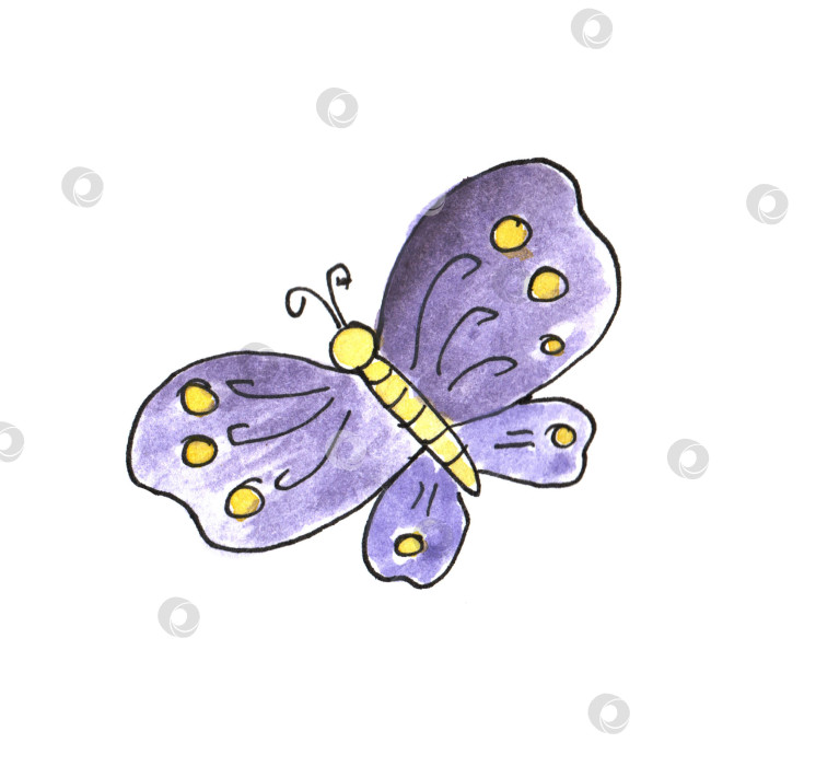 Скачать Весенние наброски, нарисованные от руки простыми детскими каракулями акварелью с фиолетовой бабочкой. фотосток Ozero