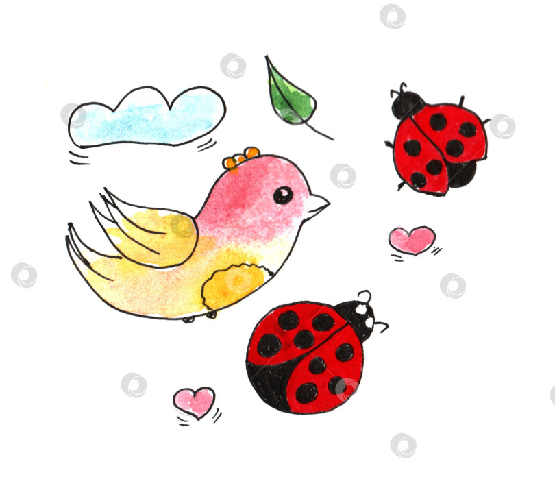 Скачать Набор акварельных рисунков "Весенние простенькие детские каракули" с набросками от руки. Милая мультяшная иллюстрация, выполненная от руки. фотосток Ozero