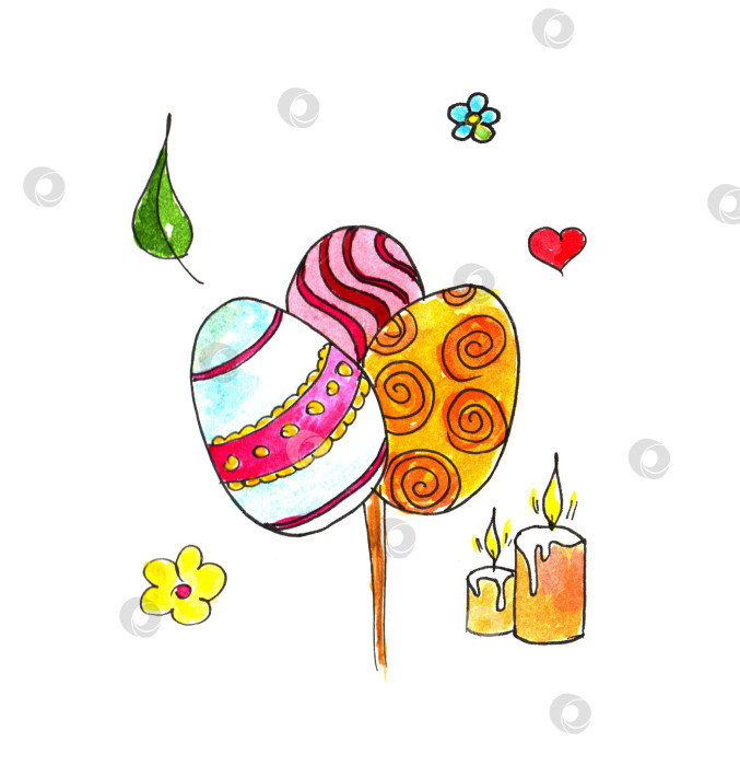 Скачать Пасхальные каракули, сделанные акварелью на яйцах-стикерах. Пасхальные каракули, нарисованные от руки, выделяются на белом фоне фотосток Ozero