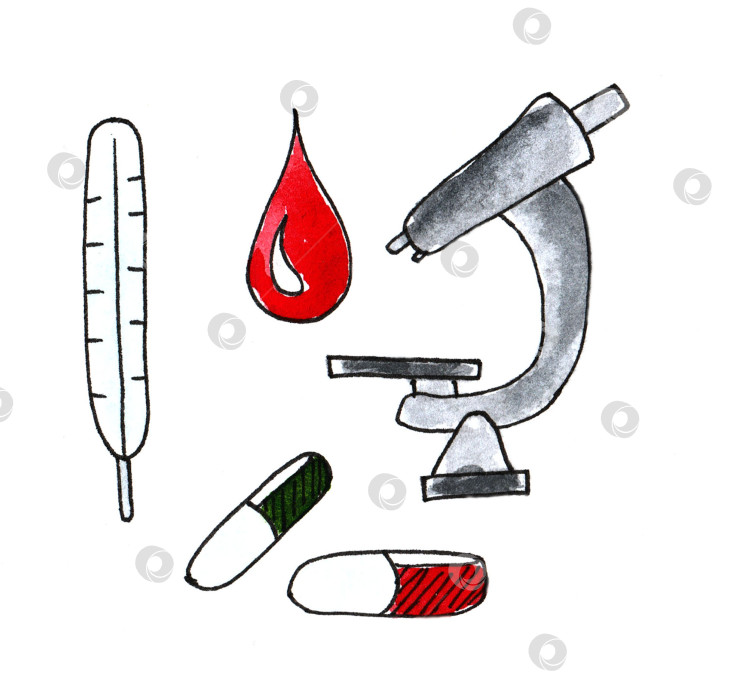 Скачать Набор акварельных красок Medical Doodle line. Медицинский эскиз коллекции фотосток Ozero