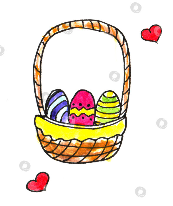 Скачать Пасхальные каракули, сделанные акварелью в корзинке с яйцами. Пасхальные каракули, нарисованные от руки, выделяются на белом фоне фотосток Ozero