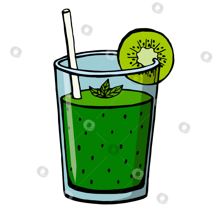 Скачать Нарисованные вручную цветные безалкогольные напитки, выделенные на белом фоне. Смузи из киви. Векторные иллюстрации в стиле эскиза. фотосток Ozero