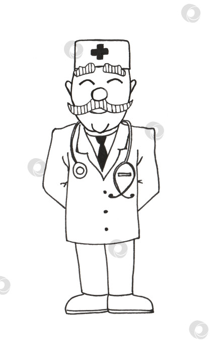 Скачать Доктор в виде нарисованных от руки каракулей на белом фоне. Мужчина с галстуком, в белой униформе и медицинской шапочке. фотосток Ozero